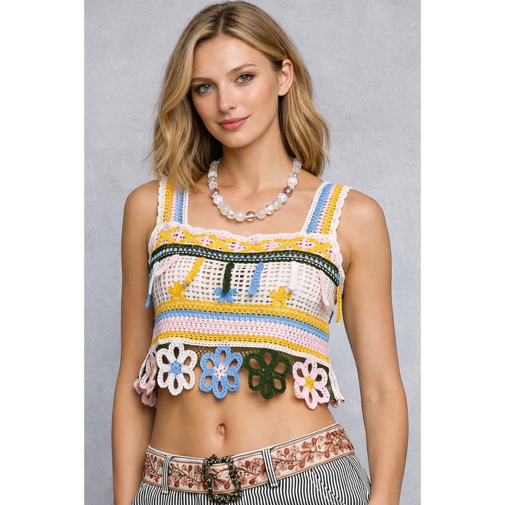 POL Crochet Flower Crop Top Tank White Yellow Pink Blue Square Neck ONE SIZE